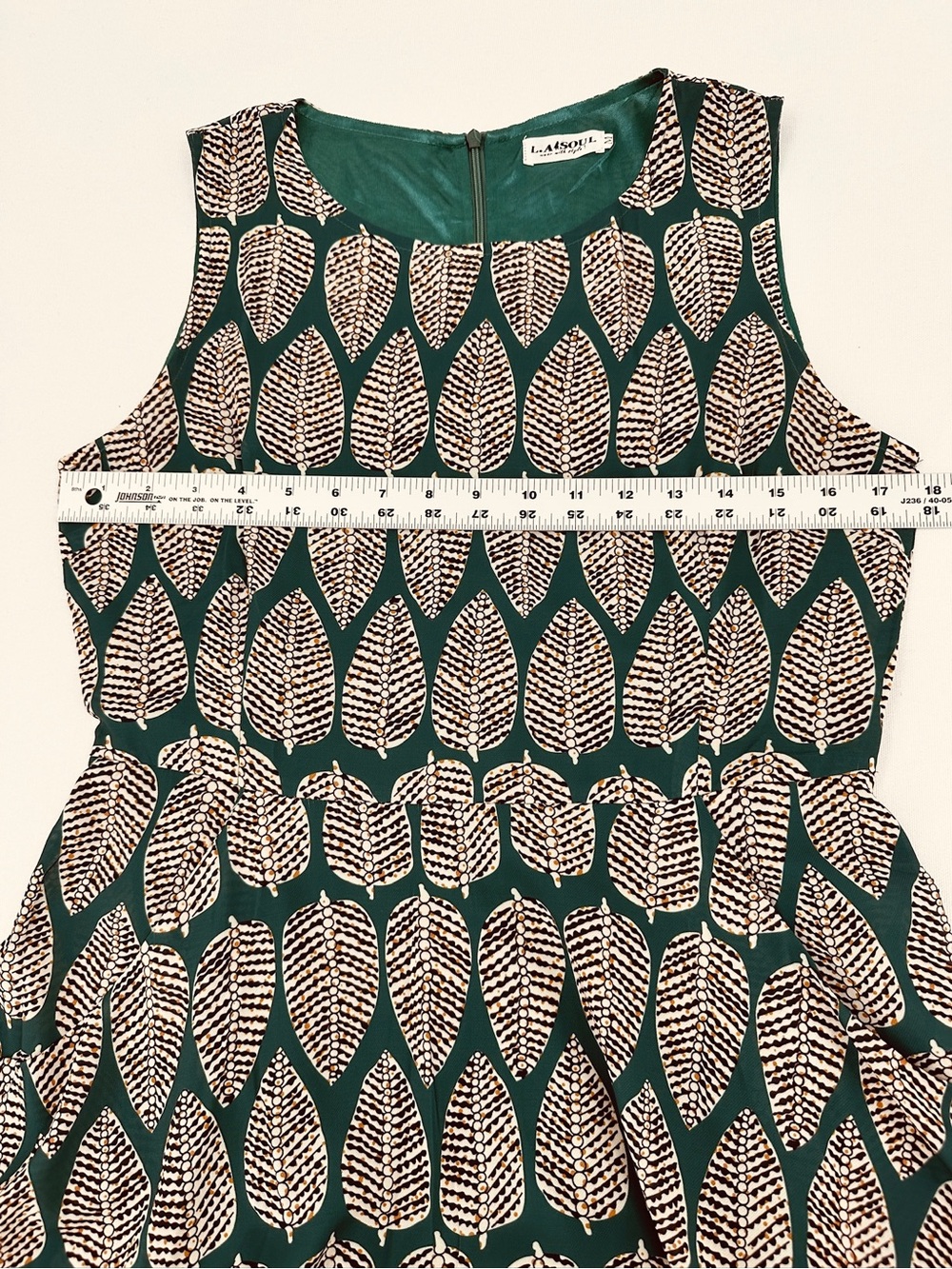 Forest Green Graphic Leaf Print Fit & Flare Dress Retro Mod Botanical M - Picture 12 of 12